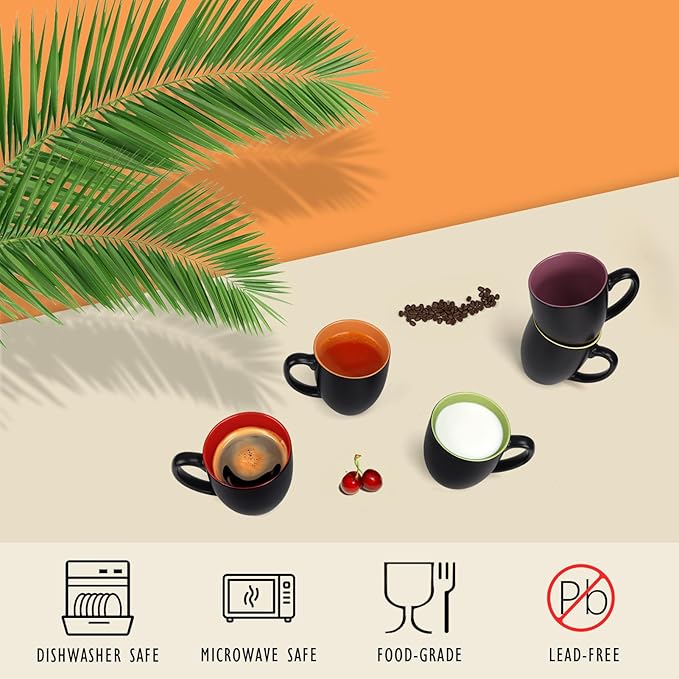 16 OZ Stoneware Coffee Mug Set of 6, Black Ceramic Mug with Different Color Inside, Colorful Porcelain Mug with Handle for Latte Espresso Cappuccino-Ruum Studio Home