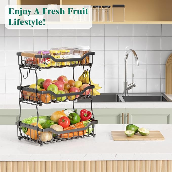 Giwil 3 Tier Countertop Fruit Basket for Kitchen, Vegetable Storage Bread Fruit Bowl Stand with 2 Banana Hooks, Wall Mounted Metal Wire Basket Organizer for Potato Onion, Black-Ruum Studio Home