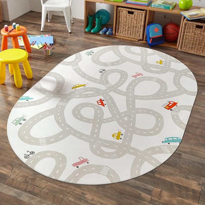 STARUIA Grey Kids Rug for Playroom, 5'x7' Washable Road Rug for Kids Bedroom, Non-Slip Car Rugs for Nursery, Large Traffic Play Mat Utral Soft Baby Carpet for Boys Girls Dorm Toy Room Tent-Ruum Studio Home