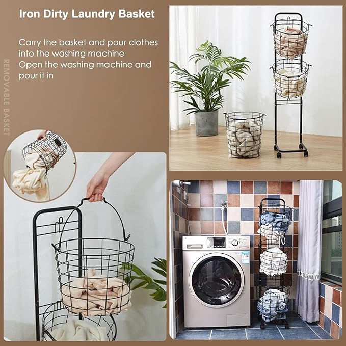 3 Tier Laundry Basket with Rolling Lockable Wheels Wire Metal Sorter Storage Trolley Shelf Basket Durable Metal Sorter Clothes Storage Trolley Shelf with Removable Hamper for Organizing Clothes-Ruum Studio Home