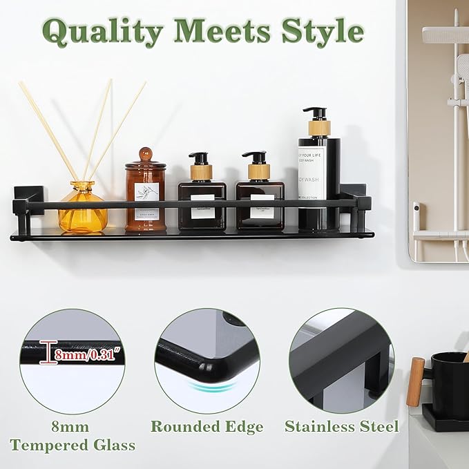 Alise Bathroom Shelves,Matte Black Glass Shelf for Bathroom, Modern Floating Shelves,20 inch-Ruum Studio Home
