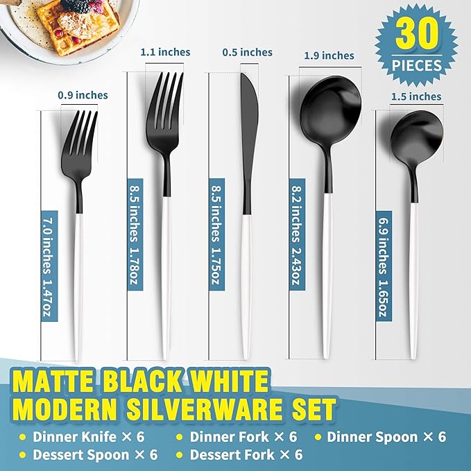 Matte Black White Silverware Set for 6,Modern Stainless Steel Brushed Cutlery Set,30-Pieces Heavy Duty Flatware Set,Knives Spoons and Forks Set Utensils Set, Satin Finish, Dishwasher Safe-Ruum Studio Home