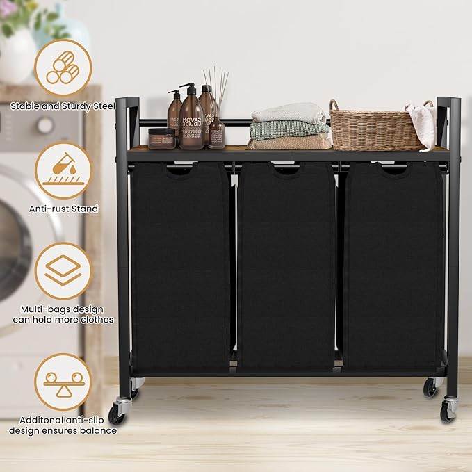 Laundry Hamper, Laundry Basket, Laundry Sorter with 3 Removable Bags, Clothes Basket with 3 Compartments, Wheels, Shelf for Laundry Room Bathroom Bedroom (3 Bags-Black)-Ruum Studio Home