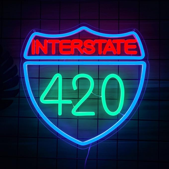 Interstate 420 Neon Sign Green Leaf Neon Signs for Wall Decor Dimmable 420 Theme Light Vintage Route Neon Light Sign for Game Room Man Cave Bar Decor Suitable Gift for Party Birthday(12.6 * 12.3inch)