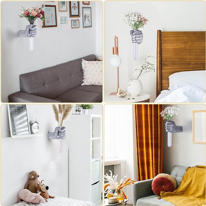 Silvery Wall Sculptures, Hand Vases Home Decor, Wall Mount Art Sculpture, Unique Wall Art Statue, Funky Flower Vase Decorations, Modern Eclectic Hanging Decor,Glass Test Tube Vase (Silvery)-Ruum Studio Home