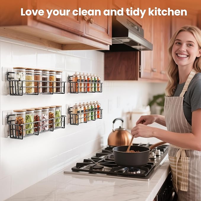 Spice Rack Organizer Wall Mount, Hanging Spice Pantry Storage Shelf Organization, 4 Pack Space Saving Seasoning Organizer for Kitchen Cabinet, Door or Bathroom, Black-Ruum Studio Home