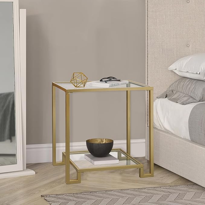 2 Tier Rectangular Side Table, Gold End Table with Glass Top, Modern Metal Clear Coffee Table,Small Accent Table for Living Room, Bedroom, 22" x 12.4" x 24"-Ruum Studio Home