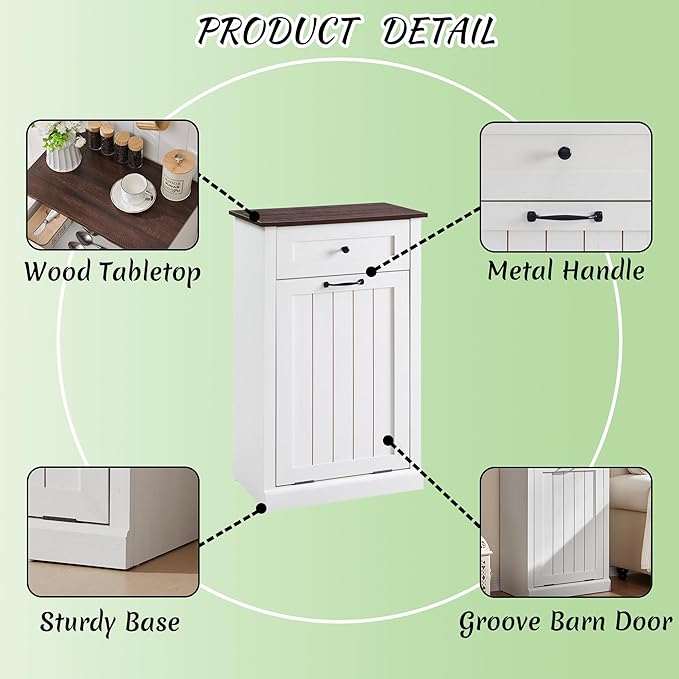 Tilt Out Laundry Hamper Cabinet, 10 Gallon Farmhouse Trash Can Cabinet with Drawer, Hidden Wood Garbage Can Bin Cabinet with Laundry Storage Basket for Bathroom, Kitchen, Antique White-Ruum Studio Home