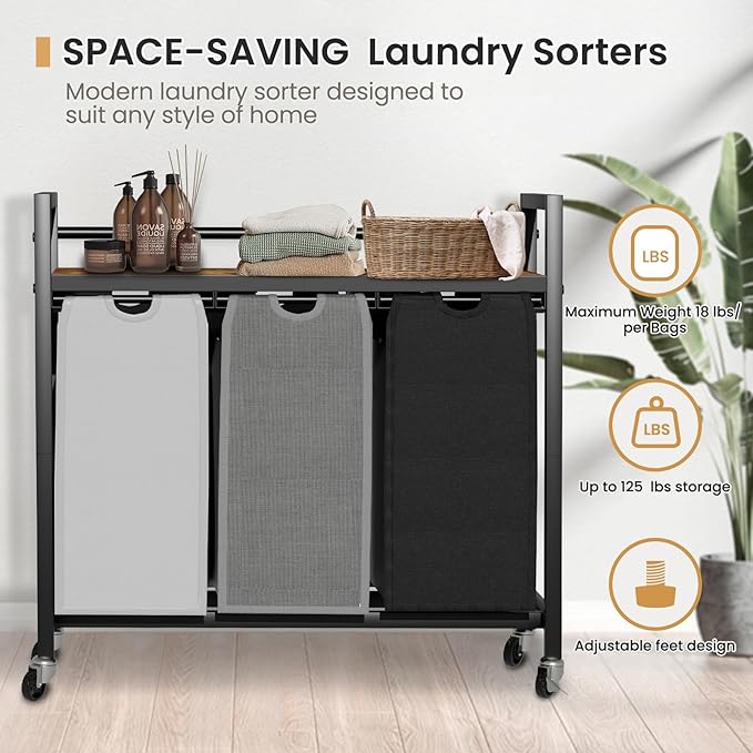 Laundry Hamper, Laundry Basket, Laundry Sorter with 3 Removable Bags, Clothes Basket with 3 Compartments, Wheels, Shelf for Laundry Room Bathroom Bedroom (3 Bags-Black Grey White)-Ruum Studio Home