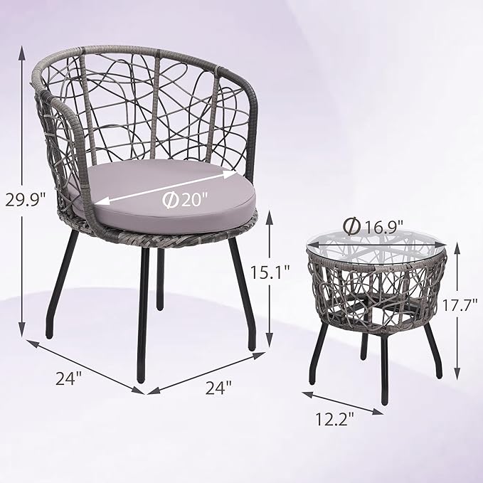 Kromax 3 Piece Bistro Set, Modern Outdoor Wicker Patio Furniture with Tempered Glass Table Top and 2 Chairs, Washable Cushions, Grey Rattan and Grey Cushion-Ruum Studio Home