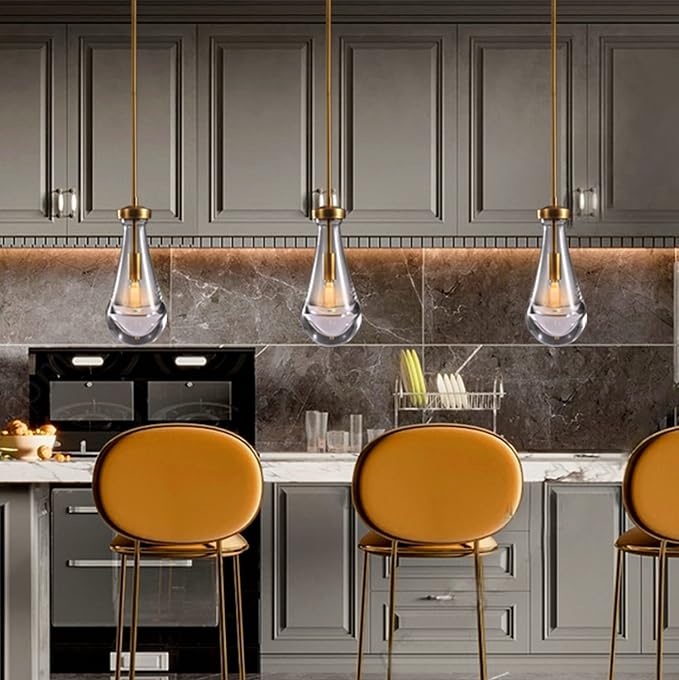 Modern Raindrop Pendant Lights, Pendant Lights for Kitchen Island, Brass Rod Dining Room Light Fixture, Clear Solid Raindrop Chandelier, Chandelier for Living Room Hallway, Including Bulb