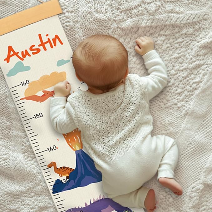 Personalized Name Growth Chart Wall Decor for Kids – Canvas Removable Height Chart Measuring Ruler 59" x 7.9" (Dinosaurs)-Ruum Studio Home