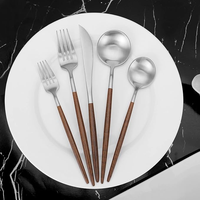 Matte Silver Silverware Set With Brown Handle, Vanys 20 Piece Stainless Steel Cutlery Flatware Set, Kitchen Utensil Sets for 4, Tableware With Knife Spoons And Forks Set, Satin Finished Polished-Ruum Studio Home