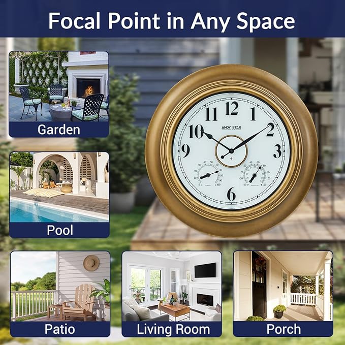 ANDY STAR 21 Inch Outdoor Clocks Waterproof, Large Outdoor Wall Clocks for Patio with Thermometer, Weatherproof Illuminated Clock Battery Operated with Thermometer&Hygrometer, Gold Metal Finish-Ruum Studio Home
