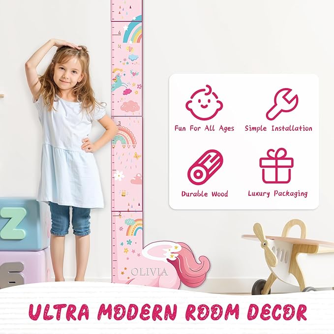 Personalized Name Growth Chart for Kids, Unicorn Wooden Wall Decor Growth Chart, Wall Decor for Kids Room, Wooden Growth Chart for Wall and Nursery Medical Office Toddler Playroom-Ruum Studio Home