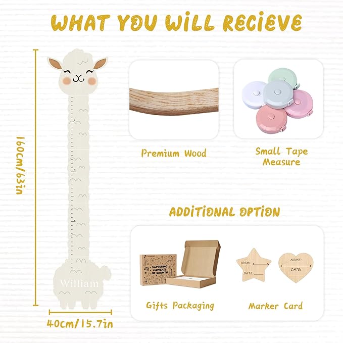 Personalized Name Height Chart for Kids, Alpaca Wood Growth Chart, Height Measuring for Children, Boy Girls Height Wall Chart Growth Measuring Ruler for Nursery Decor, Lightweight-Ruum Studio Home