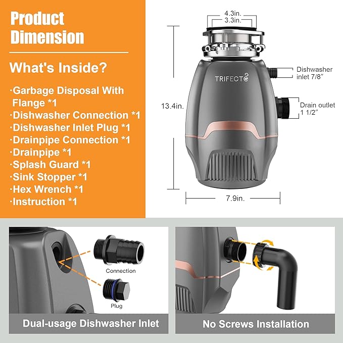 Trifecte Pro 3/4 HP Garbage Disposals with Sound Reduction,Food Waste Coutinuous Feed Garbage Disposal with Power Cord, Dishwasher Hook Up-Ruum Studio Home