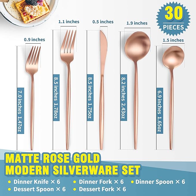 Matte Rose Gold Silverware Set for 6,Modern Stainless Steel Brushed Cutlery Set,30-Pieces Heavy Duty Flatware Set,Knives Spoons and Forks Set Utensils Set, Satin Finish, Dishwasher Safe-Ruum Studio Home