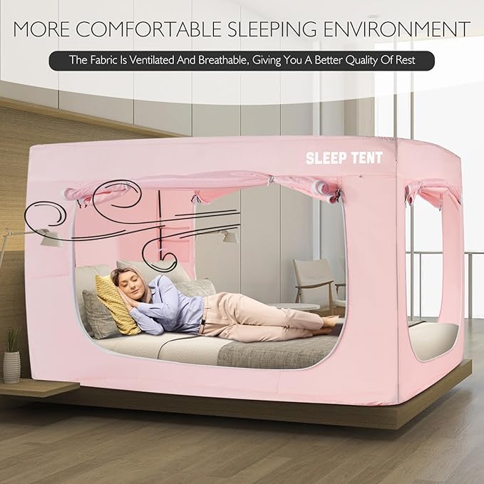 BORNA Bed Tent Full Bed Canopy for Indoor Portable Light Reducing Sleeping Canopy for Kids and Adult,Bunk Blackout Tents Breathable Privacy Space Tent Mosquito Netting for Bed(Macaron Pink)