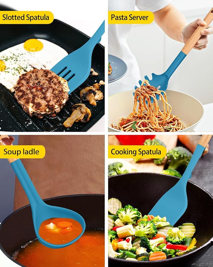 Silicone Kitchen Utensil Set for Non Stick Cookware, 7 Pcs Heat Resistant Cooking Utensils with Wooden Handle, BPA Free Kitchen Tools with Spatulas, Spoons, Skimmer and Pasta Fork (BLUE)-Ruum Studio Home