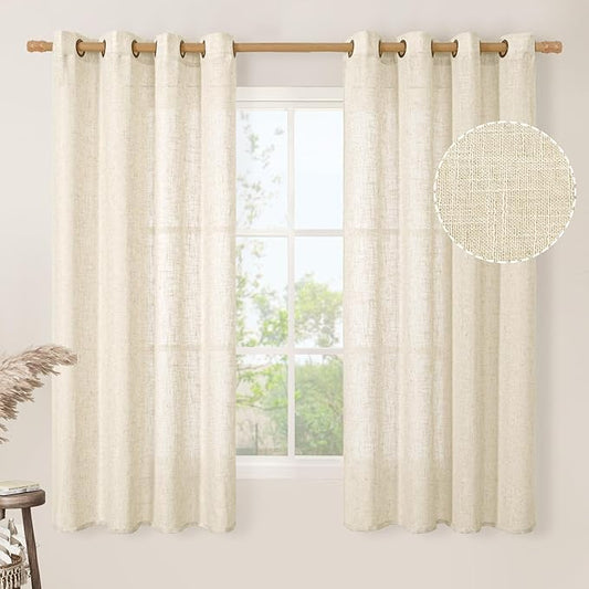 LAMIT Beige Linen Curtains 63 inch Length 2 Panels for Living Room, Bronze Grommet Soft Semi Sheer Light Filtering Window Treatments Neutral Drapes for Bedroom, 52 x 63 Inch, Beige-Ruum Studio Home