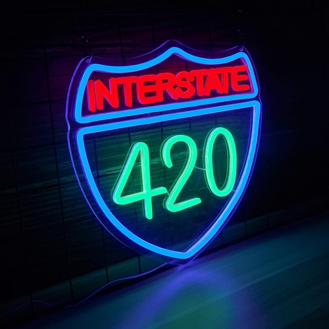 Interstate 420 Neon Sign Green Leaf Neon Signs for Wall Decor Dimmable 420 Theme Light Vintage Route Neon Light Sign for Game Room Man Cave Bar Decor Suitable Gift for Party Birthday(12.6 * 12.3inch)