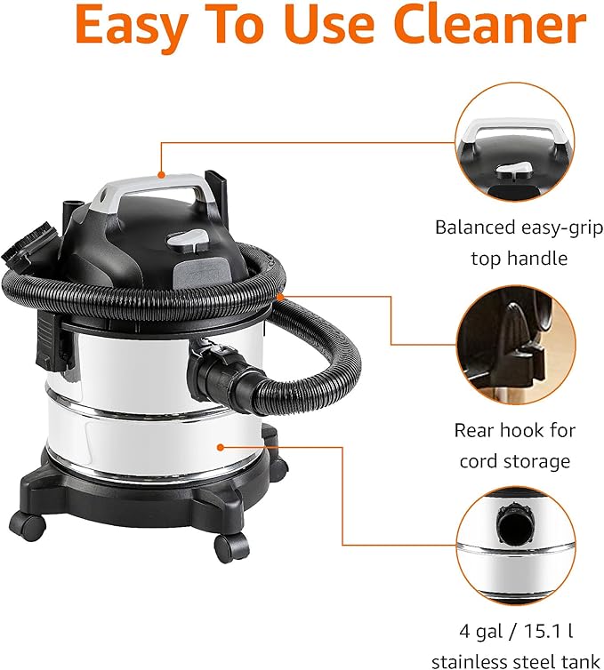Amazon Basics Wet Dry Vacuum Cleaner, 4 gallon Shop, 3 HP Stainless Steel, Grey/Black-Ruum Studio Home