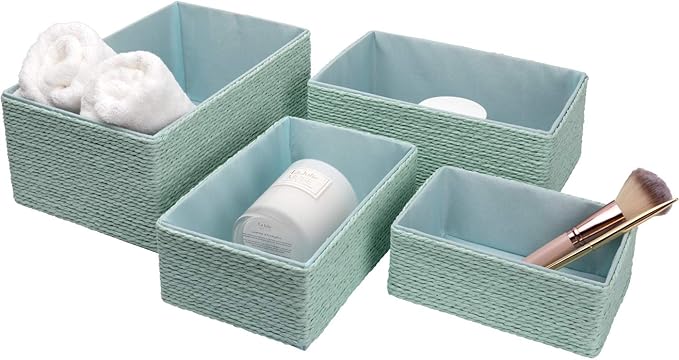 LA JOLIE MUSE Storage Baskets Set 4 - Stackable Woven Basket Paper Rope Bin, Storage Boxes for Makeup Closet Bathroom Bedroom (Light Green)-Ruum Studio Home
