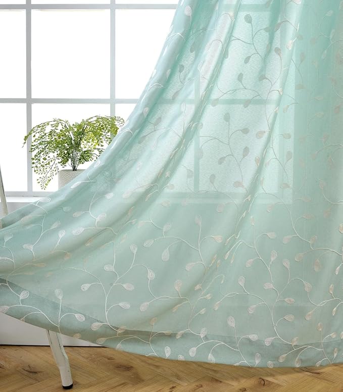 MIUCO Floral Embroidery Semi Sheer Curtains Faux Linen Grommet Panels for Living Room 52 x 84 Inch 2 Panels Set, Subtle Green-Ruum Studio Home