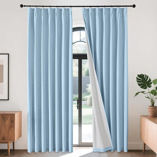Joydeco Pinch Pleated Linen Curtains Darkening Drapes for Bedroom, 100% Blackout Drapes 96 inches Long 2 Panels Heat Blocking Curtains(Chambray Blue,40'' Wx96'' L)-Ruum Studio Home