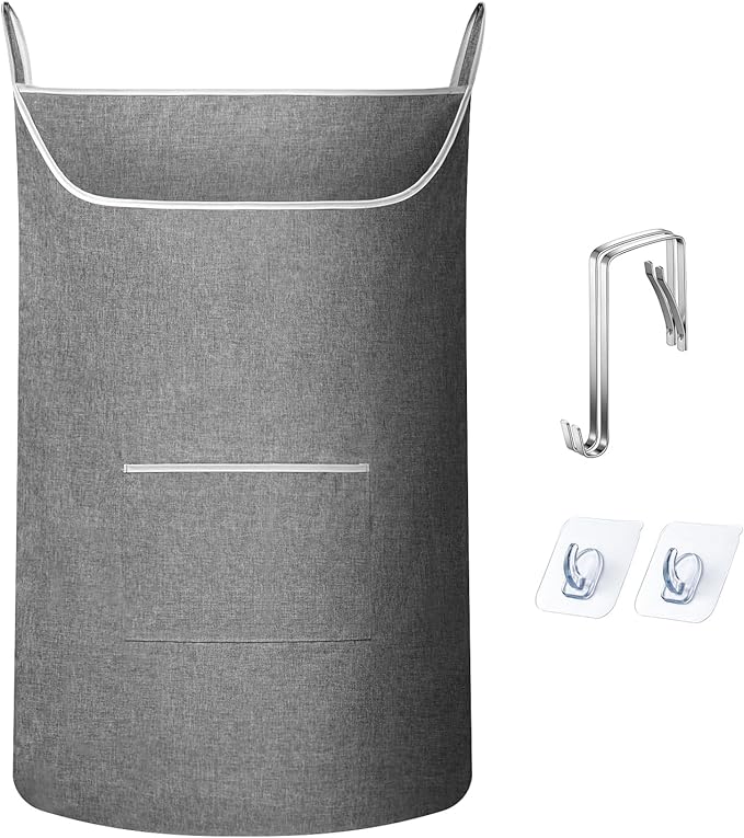 X-Large Hanging Laundry Hamper Bag, Door Hanging Hamper with Front Pocket Dirty Clothes Hanging Laundry Bag Large Size 35X22 inch Door Laundry Basket (Grey)-Ruum Studio Home