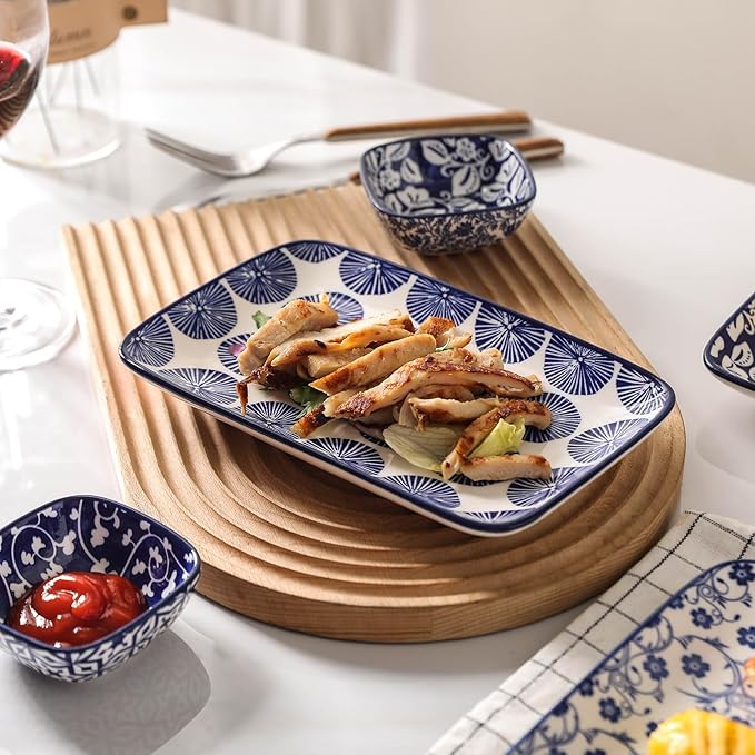 Selamica Ceramic Rectangular Salad Plates Set of 4, 8 Inch Small Serving Plates for Appetizers, Sushi, Fruit, Vintage Blue-Ruum Studio Home