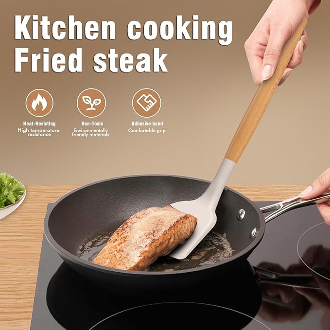 Silicone Cooking Utensils Set - Silicone Kitchen Utensils for Cooking Wooden Handles, 446°F Heat Resistant Kitchen Utensil Spatula Sets w Holder, Gadgets for Non-Stick Cookware BPA FREE (Khaki)-Ruum Studio Home