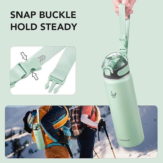 Enerbone 24 oz Insulated Water Bottle, Stainless Steel Bottle with Carrying Strap, Double-Wall Vacuum Insulation Design, Leakproof Sports Bottle with Straw, Keep Drinks Cold or Hot for Hours-Ruum Studio Home