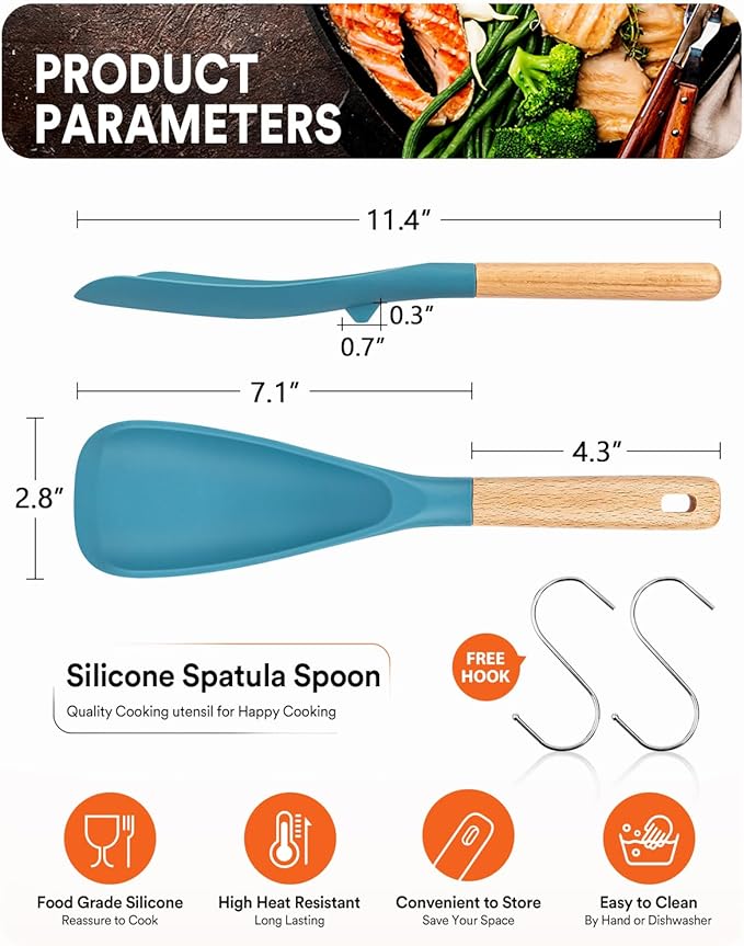 Cooking Spoon for Nonstick Cookwares, Great for Cooking and Serving Sturdy BPA-Free Matte Silicone, Wood Handle Spoon for Mixing, Scoop, and Scrape (Khaki & Turquoise, 11.4 inch)-Ruum Studio Home