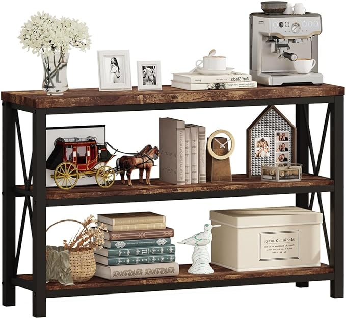 BON AUGURE Industrial Sofa Console Table for Entryway, 3 Tier Foyer Table for Hallway, Rustic Hall Tables Behind Couch (47 Inch, Rustic Brown)-Ruum Studio Home