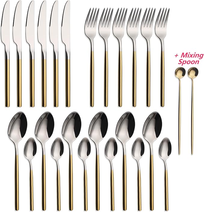 24 Piece Silverware Set For 6 Gold Handle Heavy duty 18/10 Stainless Steel Flatware Set Modern Design Knife/Fork/Spoon Mirror Polished Dishwasher Safe Cutlery Set with Gifts-Ruum Studio Home