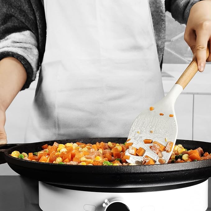 Silicone Cooking Utensils Set - 446°F Heat Resistant Silicone Kitchen Utensils for Cooking,Kitchen Utensil Spatula Set w Wooden Handles and Holder for Non-Stick Cookware, BPA FREE (Cream White)-Ruum Studio Home