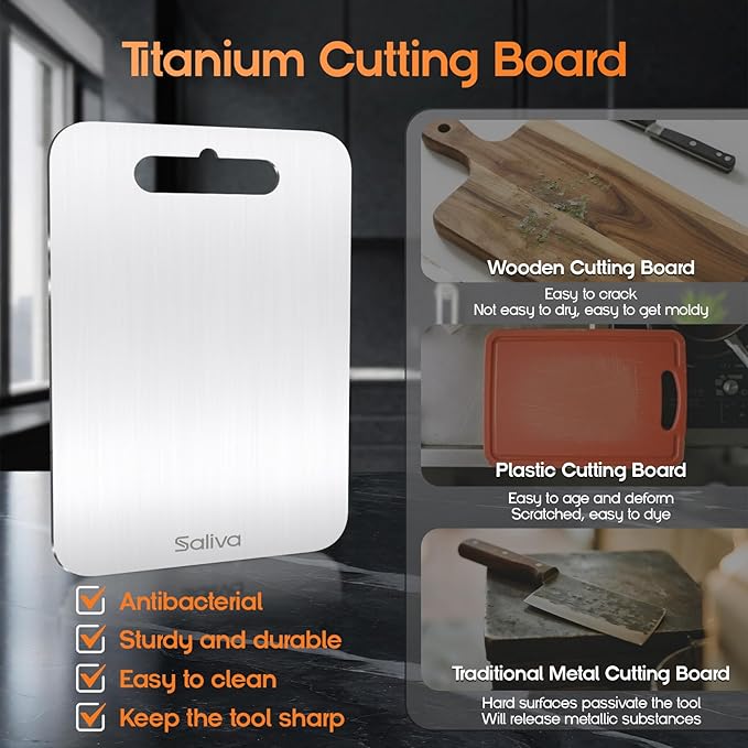 Saliva Titanium Cutting Boards for Kitchen, Cutting Board Double Sided Food Grade, Dishwasher Safe, No Blunt Knife, Chopping Boards with Handle for Meat, Fruit & Vegetable (12x9in)-Ruum Studio Home