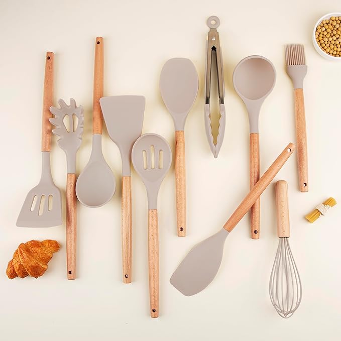 Silicone Cooking Utensils Set, Premium Beech Wood Handle Kitchen Gadgets Utensil Set, Non-Stick Kitchen Utensils Spatula, Tongs, Turner, Whisk, Brush, Spoon, BPA FREE, 446°F Resistant (Khaki)-Ruum Studio Home