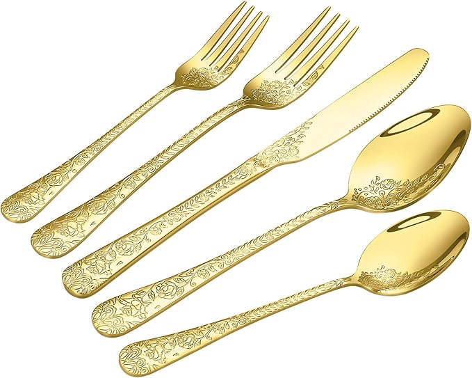 Floral 40 Pcs Gold Silverware Set for 8, Food Grade Stainless Steel Flatware Set with Rose Flower Embossed Design, Eating Utensils Sets Include Fork/Knife/Spoon, Reusable Cutlery Set, Dishwasher Safe-Ruum Studio Home