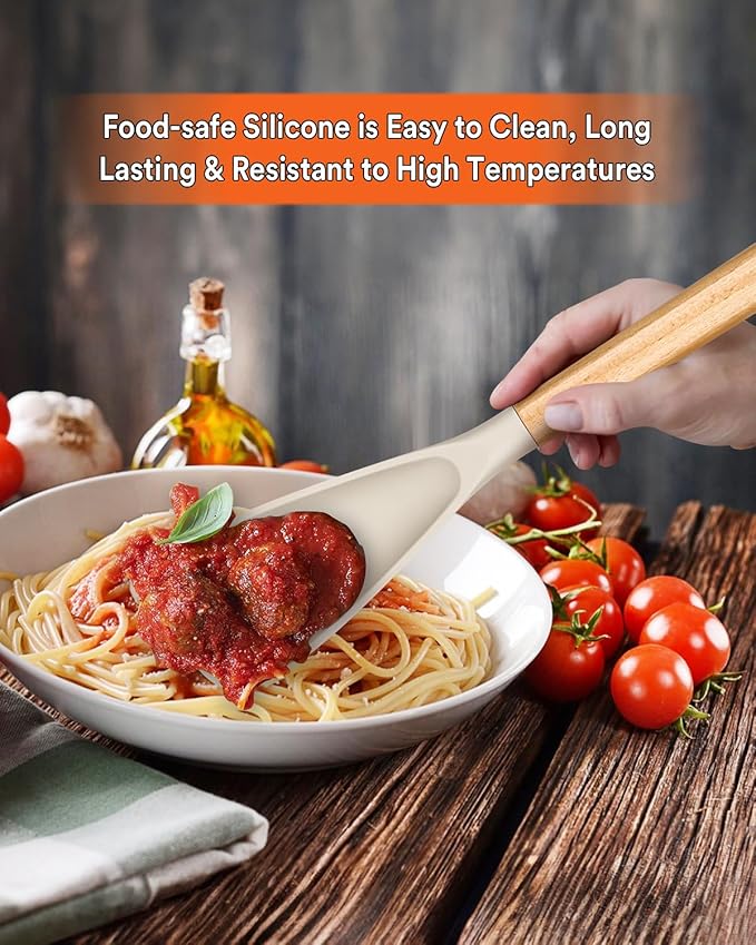 Multifunction Spatula Spoon for Nonstick Cookwares, Great for Cooking and Serving, Sturdy BPA-Free Matte Silicone, Wood Handle Spatula for Mixing, Scoop, and Scrape, Khaki(2 pack,11.4" & 13.4")-Ruum Studio Home