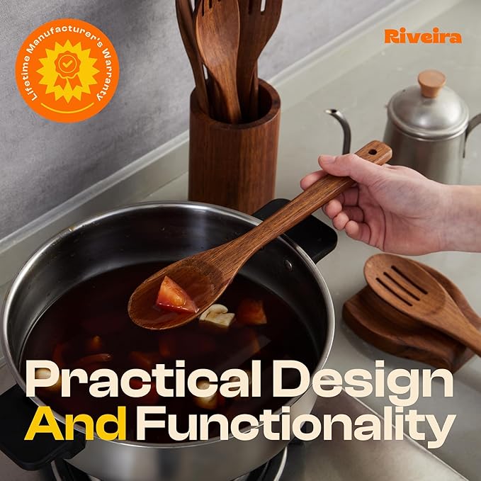 Riveira Teak Wooden Spoons for Cooking Set of 3 – Natural Teak Wooden Cooking Utensils, Wooden Spatula, Wooden Spoon - Premium Quality Wooden Utensil Set for Non-Toxic Cooking-Ruum Studio Home