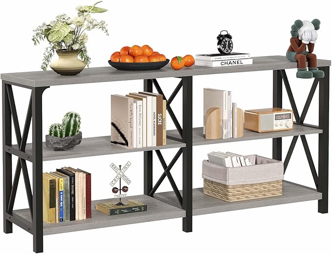 LVB Industrial Entryway Table, Farmhouse Rustic Console Table Behind Couch, Long Metal Wooden Sofa Table with Storage Shelf, Modern Foyer Hallway for Living Room Bedroom, Light Grey Oak, 63 in-Ruum Studio Home