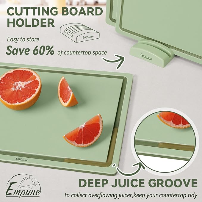 Empune Plastic Cutting Board Set, Recycled Plastic Cutting Boards for Kitchen (Set of 3), Dishwasher Safe Large Chopping Board with Holder, Non-slip Feet and Juice Grooves, Nonporous, Green-Ruum Studio Home