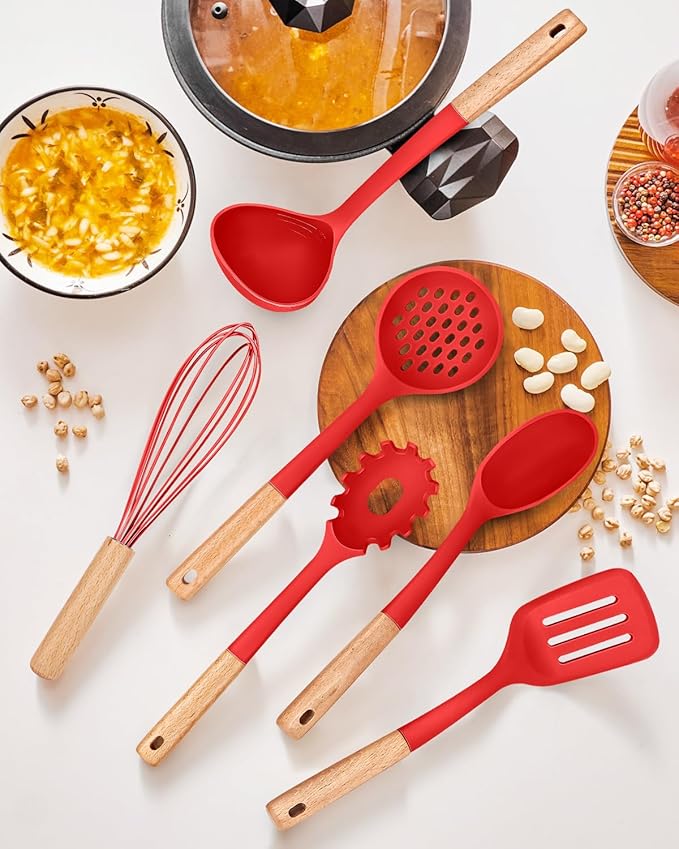 Kitchen Utensils Set, 13PCS Silicone Cooking Utensils, Heat Resistant Kitchen Utensil Spatula Set for Nonstick Cookware, Wooden Handles Kitchen Gadgets Tools Set (RED)-Ruum Studio Home