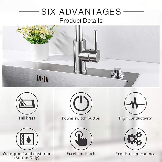 SinkTop Air Switch Kit (Long Full Brass Button) for Garbage Disposal, Cordless Chrome-Ruum Studio Home