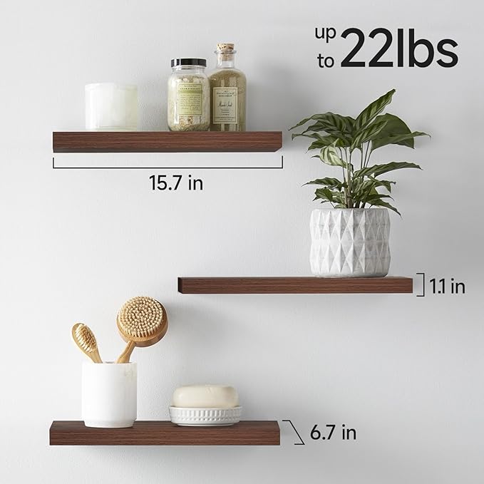BAYKA Floating Shelves for Wall, Wall Mounted Rustic Wood Shelves for Bathroom, Bedroom, Living Room, Kitchen,Small Hanging Shelf for Books/Storage/Room Decor (Walnut-Like, Set of 3, 15.7in)-Ruum Studio Home