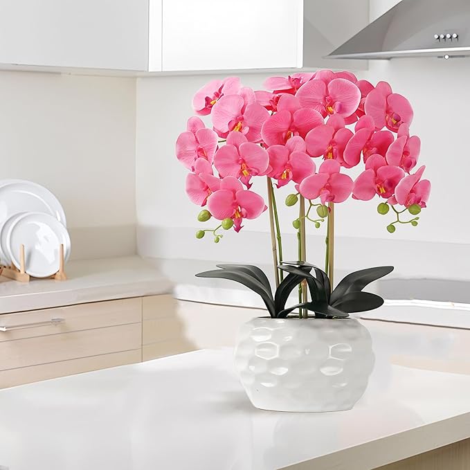 Orchid Artificial Flowers with White Vase Large Silk Faux Phalaenopsis Flowers for Dining Room Table Floral Centerpieces Indoor Decoration,Fuchsia-Ruum Studio Home