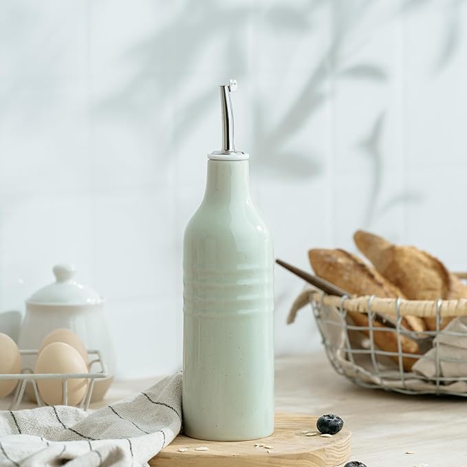 famiware Jupiter 16oz Ceramic Olive Oil Dispenser Bottle, 1 Piece Oil Dispenser for Kitchen with Stainless Steel Pourers, Suitable for Storage Vinegar, Soy Sauce, Coffee Syrup, Light Green-Ruum Studio Home